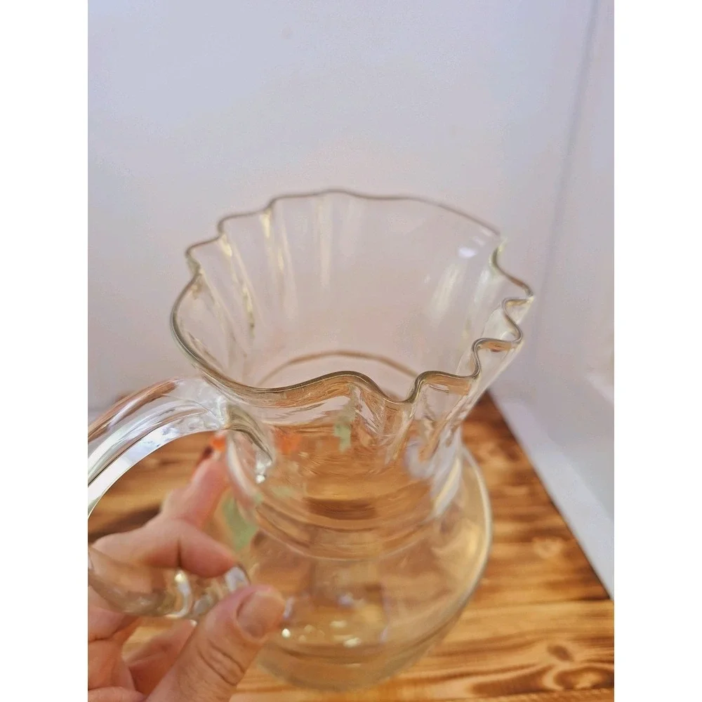 Antique Hand Painted Flowers Hand Blown Glass Pitcher Vase Crimped Rim 9.75